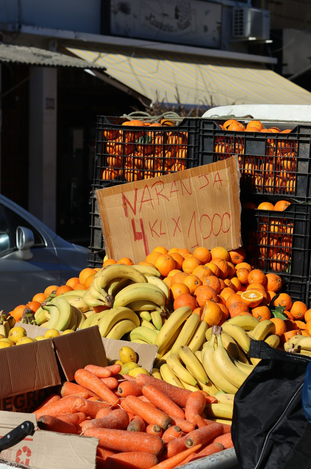 Busy fruit and vegetable market stall in Chile
